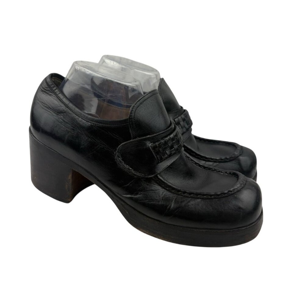 Vintage 1970’s Chuncky Shoes Size 8D Black Leather Hippie Penny Lane Disco Fairy